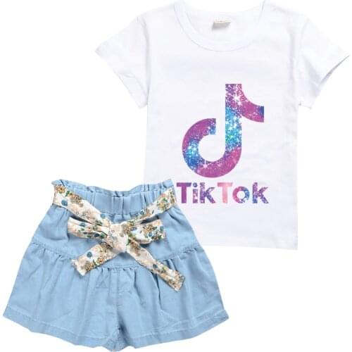 TIK TOK Cute Cartoon Printing Childrens Girls Skirt Suit T-shirt Short Sleeve Skirt 2-Piece Set