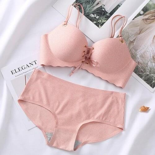 Korean Style Pink Lingerie Sets Push Up Bras Women Comfort Adjusted Bra And Panty Set Sexy Backless Wireless Underwear for Girl