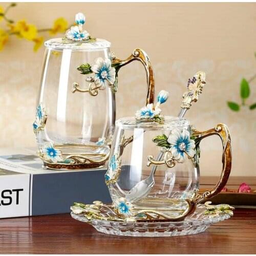 Beauty And Novelty Enamel Coffee Cup Mug Flower Tea Glass Cups for Hot and Cold Drinks Tea Cup Spoon Set Perfect Wedding Gift