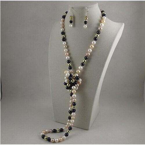 Favorite Pearl Classic Women Gift Real Freshwater Pearl Gold Ball Long Necklace Earring Wedding Chirstmas Fine Jewelry Set