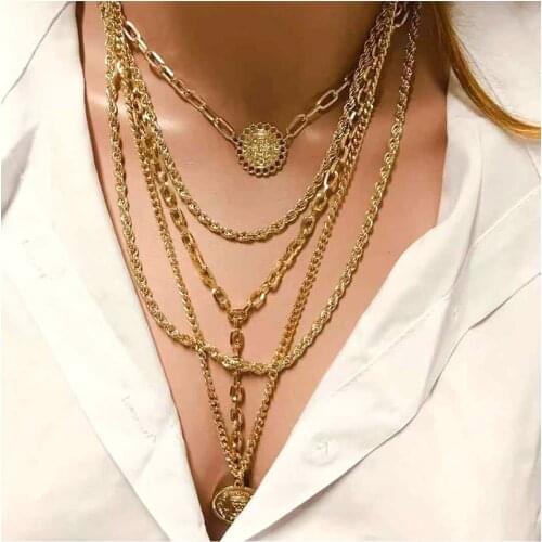 Jouval Punk Multilayer Gold Chains Flower Coin Choker Tassel Pendant Necklace For Women Long Sweater Chain Boho Jewelry Collares