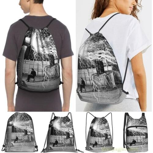 Nikola Tesla With His Equipment (June 17, 1901) Men Outdoor Travel Gym Bag Waterproof Drawstring Backpack Women Fitness Bags
