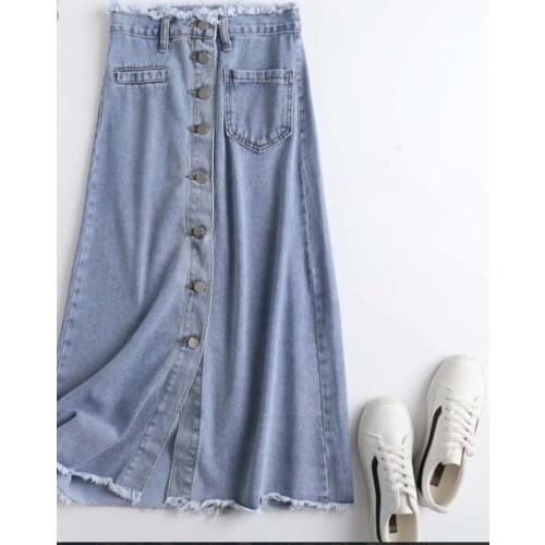 2021 New Vintage Denim Tassel Skirts High Waist Long Skirts Front Button A-line Bottoms Femael Streetwear