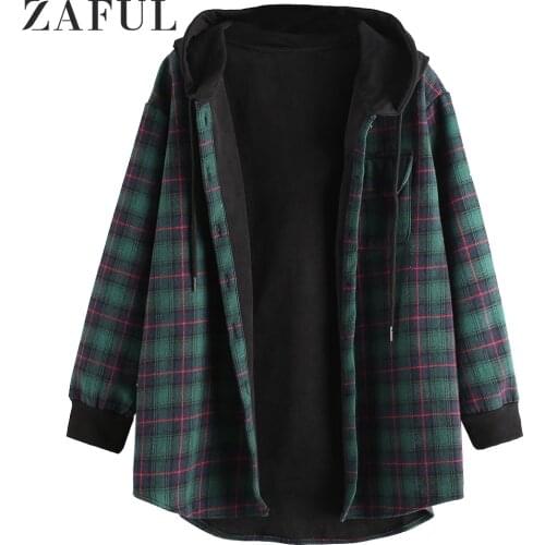 ZAFUL Women Winter Coats Plaid Button Up Pocket Hooded Coat