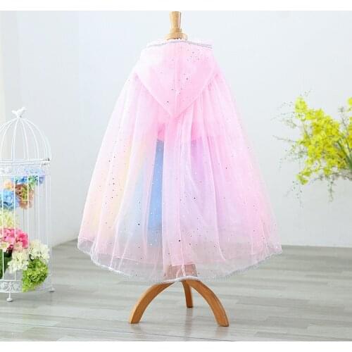 Girl Sequin Hooded Cloak Princess Accessory Elsa Belle Aurora Rapunzel Cape Kids Halloween Mantle Girls Summer Dress Up Pink