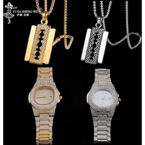 Luxury Men Gold Silver Color Watch Hip Hop Men Stylish Necklace Hip Hop Ice Out Cuban Watch Jewelry Pendant & Rope Chain For Men