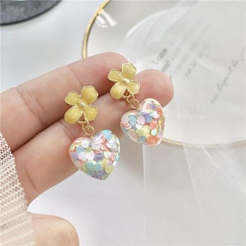 Cute Sweet Gold Color Flower Colorful Glass Love Heart Clip on earrings Non Pierced Ears Korean Style For Women Girls