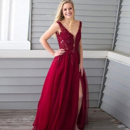 Dark Red Elegant Evening Dresses Long Beading Sequins A Line Side Split Lace Appliques Sheer Tulle Formal Evening Party Gowns
