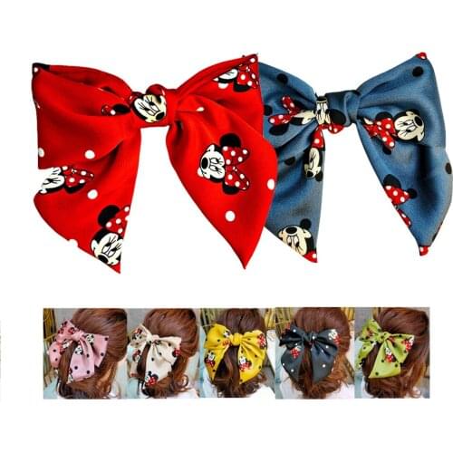 Wide-edge Mickey Minnie Print Bow Hair Clip high-end fabric Side Clip Ponytail Clip Cartoon Cute Hair Accessories Female Hairpin
