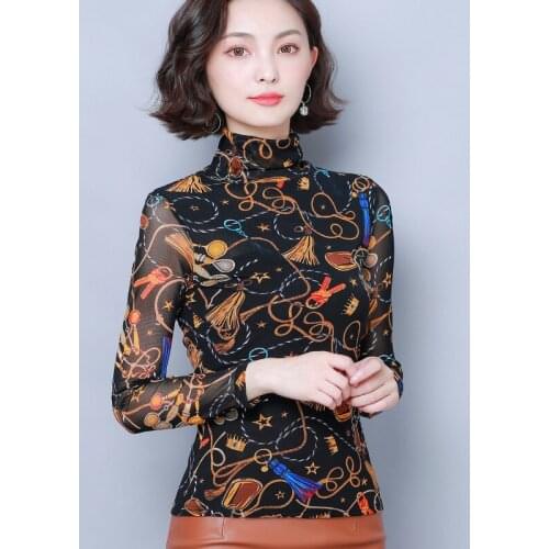 Womens Blouse Bright Printed Bottoming Shirt Ladies Long-sleeved 2020 Autumn Winter Clothing New Slim Mesh Slimming Hot Shirts