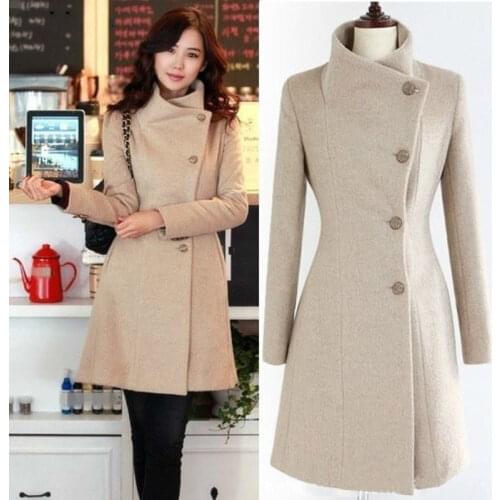 Women 2020 New Fashion Lapel Wool Coat Ladies Autumn Winter Manteau Femme Overcoat Cotton Mixing High Quality Long Slim Coats