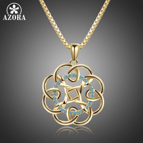 AZORA Elegant Fashion Micro Pave AAA Round Cut Blue Cubic Zirconia Sunflower Necklace Floral Jewellery for Women TN0291