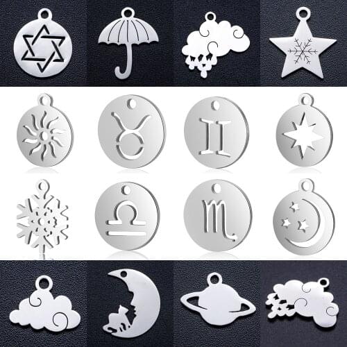 10pcs/lot diy zodiac sign sun stainless steel charm pendant wholesale star cloud moon cat jewelry bracelet connector charms