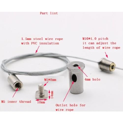 2pcs/lot 1.5mm steel wire rope M5 base with Adjustable clamp for suspending Office chandelier/panel lamp lighting Accessories