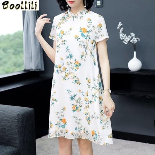 Boollili Summer Dress Women Print Floral Real Silk Dress Fashion Vintage Party Dress Women Dress Elegant Vestido Mujer