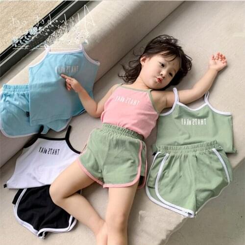 Childrens Casual Suit 2021 Summer New Cute Patchwork Suspenders O-Neck Top Shorts Girls Loose Cool Two Piece Set