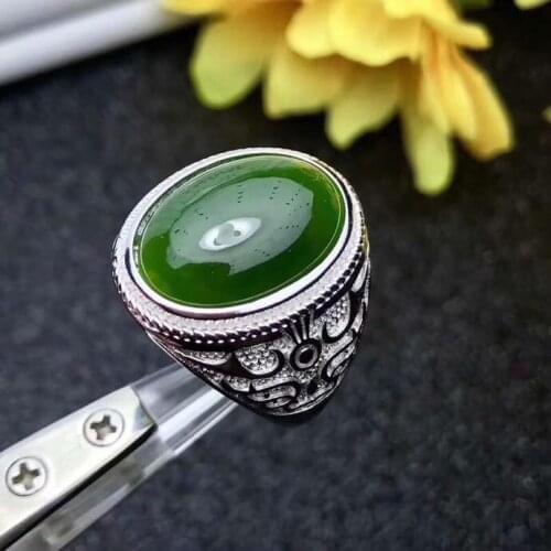 Natural Hetian Jade Man Ring 925 sterling silver Wholesales Fine jewelry 13*18mm gem