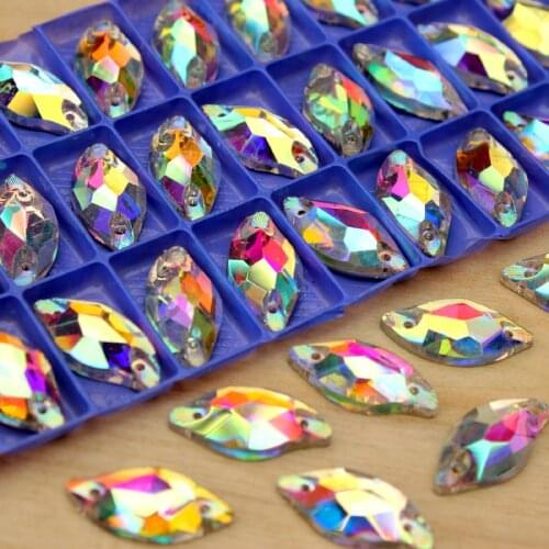All Sizes Crystal AB Color Leaf Sew On Rhinestones Flatback 2 Holes Silver Sewing Crystal for Evening Dress DIY