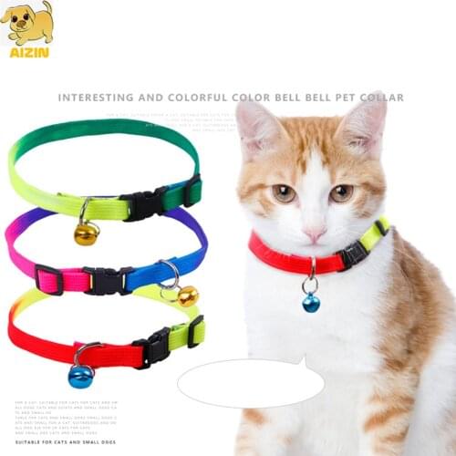 Cute Pet Dog Collars Cat Outdoor Nylon Leads Collar Rainbow Color Adjustable With Bells For Small Puppy Chihuahua Pet Products