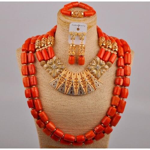 Fashion Costume Necklace Orange Nigerian Coral Beads Bridal Set African Wedding Jewelry Sets for Bride