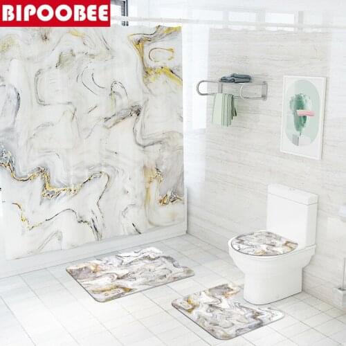 Marble Shower Curtain Mildew Resistant Durable Bathroom Curtains Stripe Pedestal Carpet Toilet Lid Cover Bath Mats Anti-slip Rug