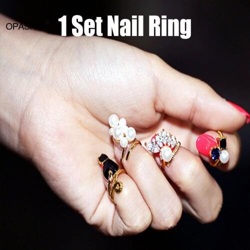 Nail Ring Set of 4 Adjustable Alloy Nail Cap Cover with Beads Decor Knuckle Fingernails Open Ring Finger Jewelry PT