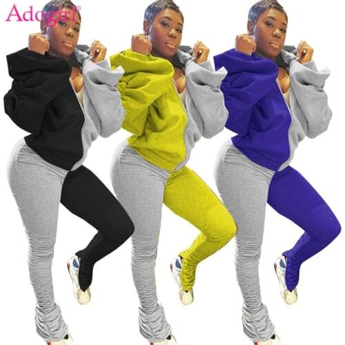 Adogirl 2020 Fall Winter Color Patchwork Tracksuit Women Two Piece Set Ruched Lantern Sleeve Backless Zipper Hoodies Pants Suit