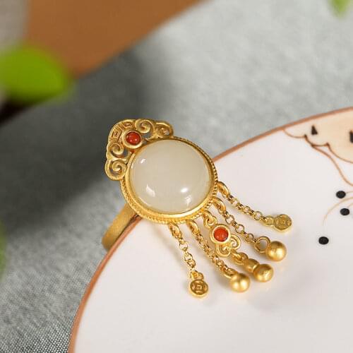 Autumn new natural Hetian jade round tassel opening adjustable ring exquisite retro personality ladies silver jewelry