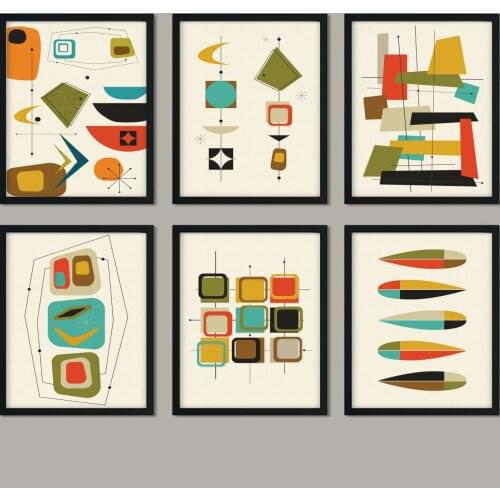 Self-adhesive Wall Sticker Mid Century Modern Abstract Poster Set of Prints Retro Wall Art Pictures for Living Room Home Decor