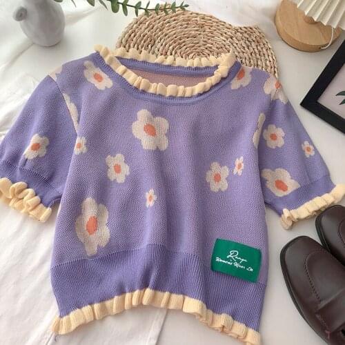 Japanese Sweet Flower Knit Pullovers Sweaters Korean O Neck Short Sleeve Crop Sweater Autumn New Vintage Cute Sueter Mujer