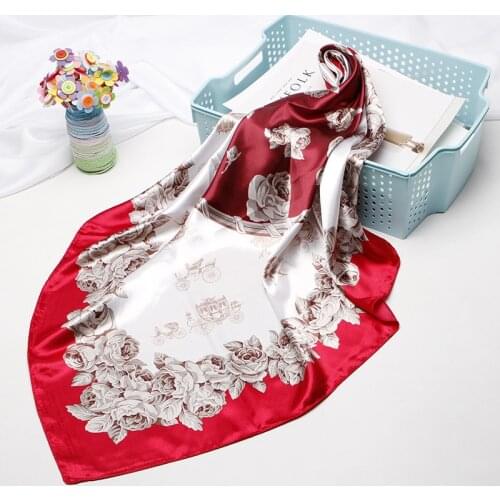Fashion Kerchief Bandana Head Scarf For Women Floral Print Silk Satin Hijab Scarfs Female 90*90cm Shawls Neck Scaves For Ladies