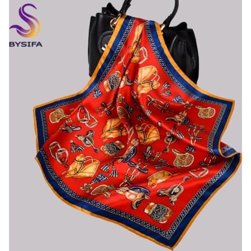 [BYSIFA] New Red 100% Pure SIlk Small Square Scarves Ladies Fashion Hairband Horse Design Neck Scarf Bag Handle Ribbons 52*52cm