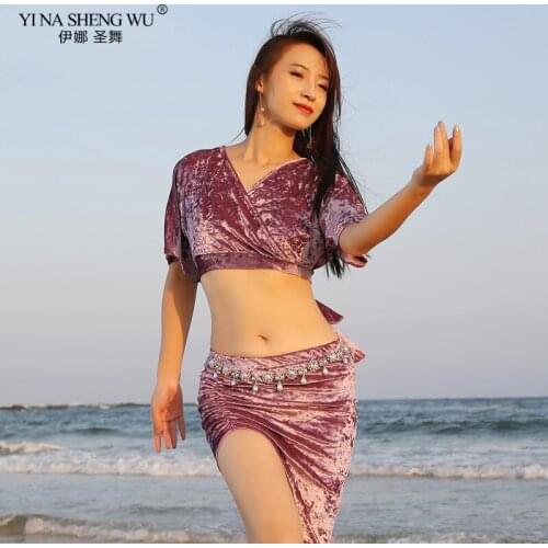 New Velvet Belly Dance Practice Set Autumn And Winter Sexy Belly Dance Costumes 2pcs Set Top+Skirt Waist chain Women Dance Set