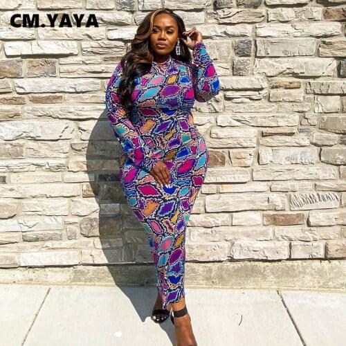 CM.YAYA Autumn Winter Plus Size XL-5XL Women Dress Long Sleeve Bandage Bodycon Night Club Sexy Print Midi Dresses
