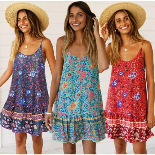 European American Spring Summer New Women Sexy Sling Ruffle Print Beach Dress