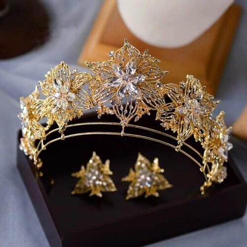 Golden Baroque Wedding Tiara Crowns with earring Crystal Brides Headbands Evening Hair Jewelry Bridal Hair Accessory