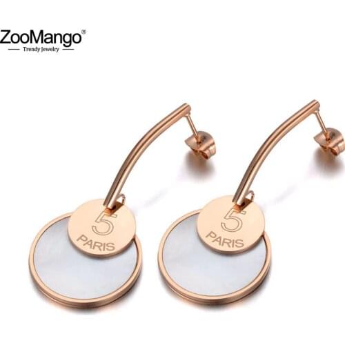ZooMango Titanium Stainless Steel Double Round Disc Stud Earrings For Women Girl Trendy Shell & Acrylic Earrings Jewelry ZE19249