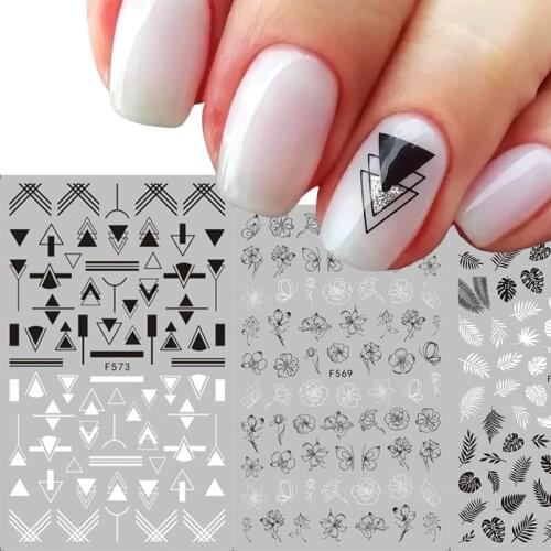 1 pcs 3D Nail Sticker Black White Sliders Flower Leaf Geometry Adhesive Nail Decals Foil Design Manicure Nail Art Decorations