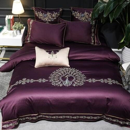 New Purple 100S Egyptian cotton 4/6pcs Queen King Bedding Set Bed Sheets peacock embroidery Duvet Cover
