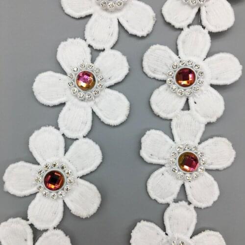 50X Cotton 3D Rhinestone Flowers Lace Trim Indian Style Trimmings Child Dress Applique Clothes Sewing Crafts Hat Decoration