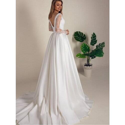 White Satin Tulle Long Sleeves Floor-Length V-Neck Princess A-Line Wedding Dresses Chapel Train Custom Made