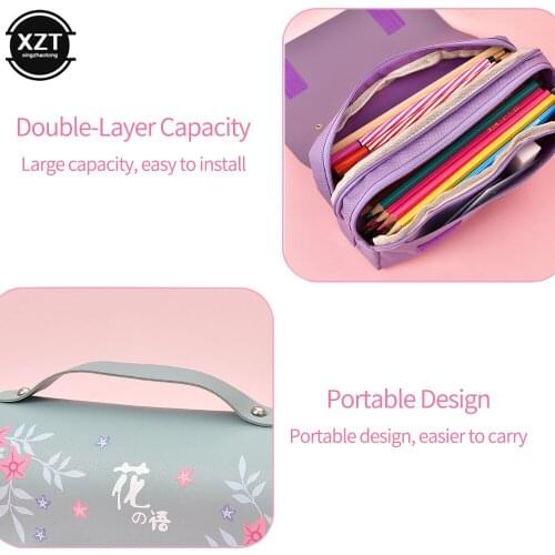 Big Capacity Pencil Bag PU Leather Pen Case Kawaii Stationery Ruler Pouch for Girl Sweet Pens Holder Gifts Box School Supplies