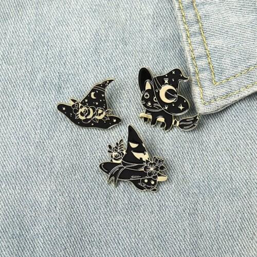 Witch Black Cat Enamel Brooch Naughty kitten Magic Hat Flying broom Lapel Pin Cute animals funny wizard Jewelry Badge pins