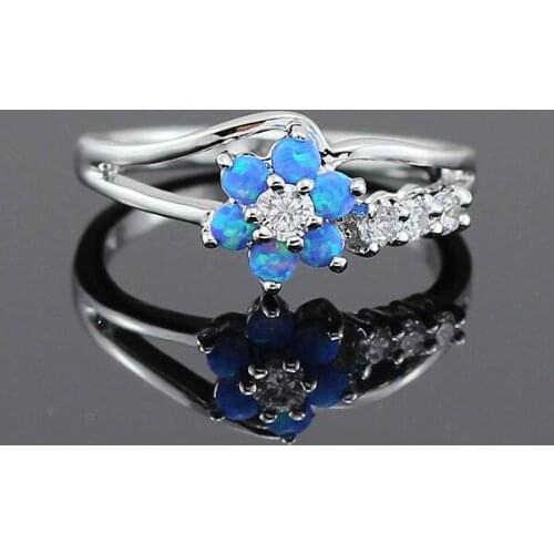 Blue/Pink/White Fire Opal Flower Shaped Silver Plated Rings for Women 11W