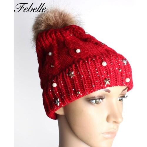 Febelle Fashion Women Faux Fur Ball Beanie Hats Autumn Winter Warm Crochet Knitted Flexible Breathable Sof Cap 5 Colors #95979