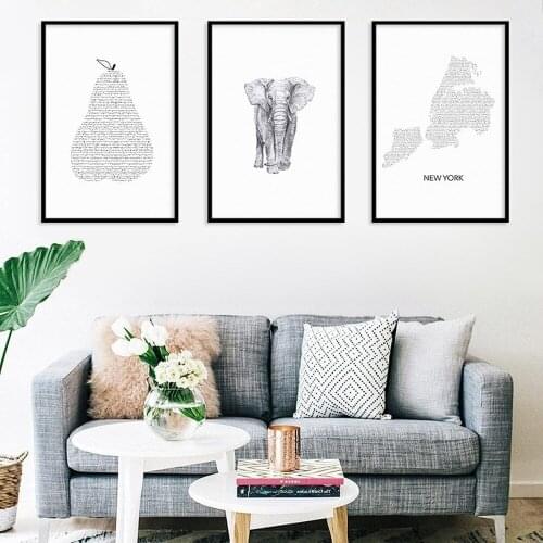 Nordic Style Simple Black White Abstract Text Modeling Canvas Painting Pear Elephant New York Posters Modern Home Decor Pictures