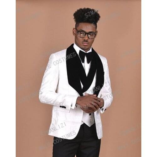 2019 New Custom Made Groom Tuxedos White Best Man Black Velvet Lapel Groomsman Men Wedding Suits Bridegroom Jacket+Pant+Vest+Bow
