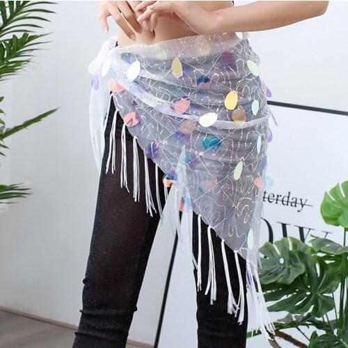 2019 New Belly Dance Clothes Accessories Mesh Long Tassel Triangle Belt Hand Crochet Bellydance Hip Scarf with Round Sequins