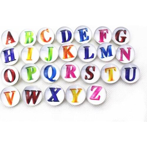 New arrive 26Pcs/Lot mix color Alphabet A- Letter Snap Button glass Snap Button Charms Ginger Snaps diy Jewelry 18mm