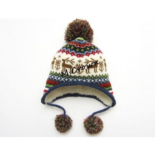 New style for Christmas Item Kids Autumn Winter Jacquard Earflap hat with Pompons